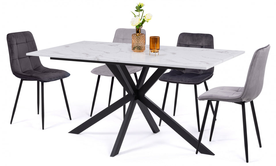 Table repas Glam 160cm plateau effet marbre blanc et pieds croisés noirs