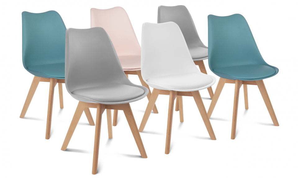 Chaises Nordia assise mix de couleurs : 1x blanc, 2x gris clair, 2x bleu pastel et 1x rose - lot de 6