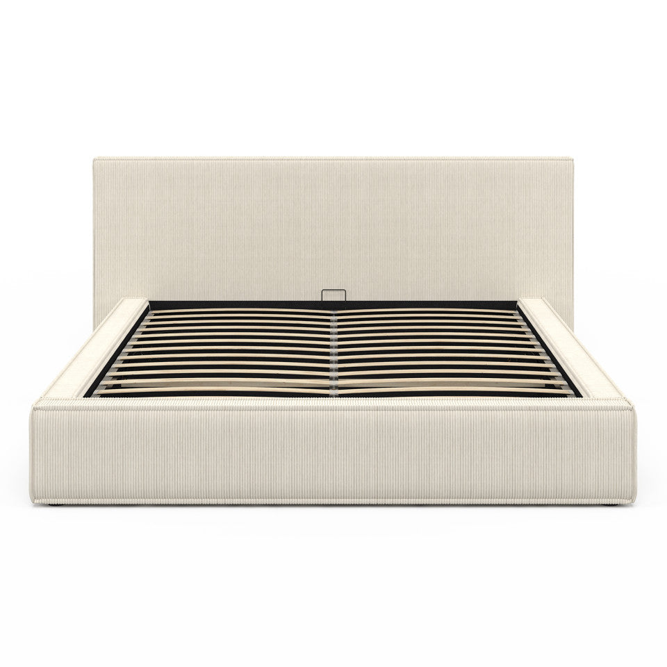 Lit coffre Joyce en velours côtelé beige avec sommier et tête de lit 160x200m