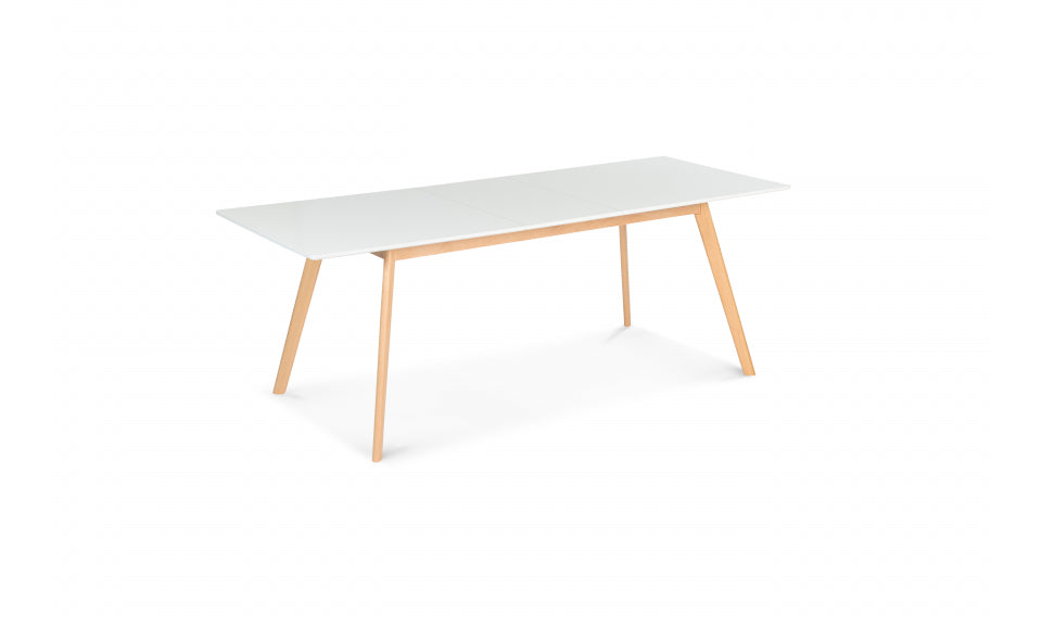 Table repas scandinave extensible 160-200cm plateau blanc et pieds bois