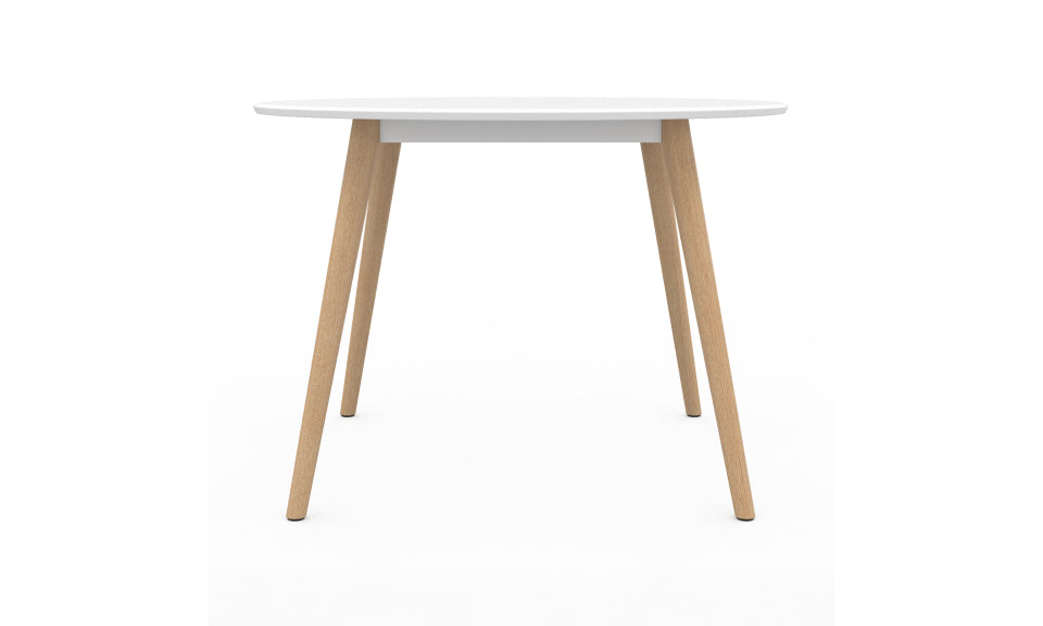 Table repas Stacy 110cm plateau rond blanc et pieds bois