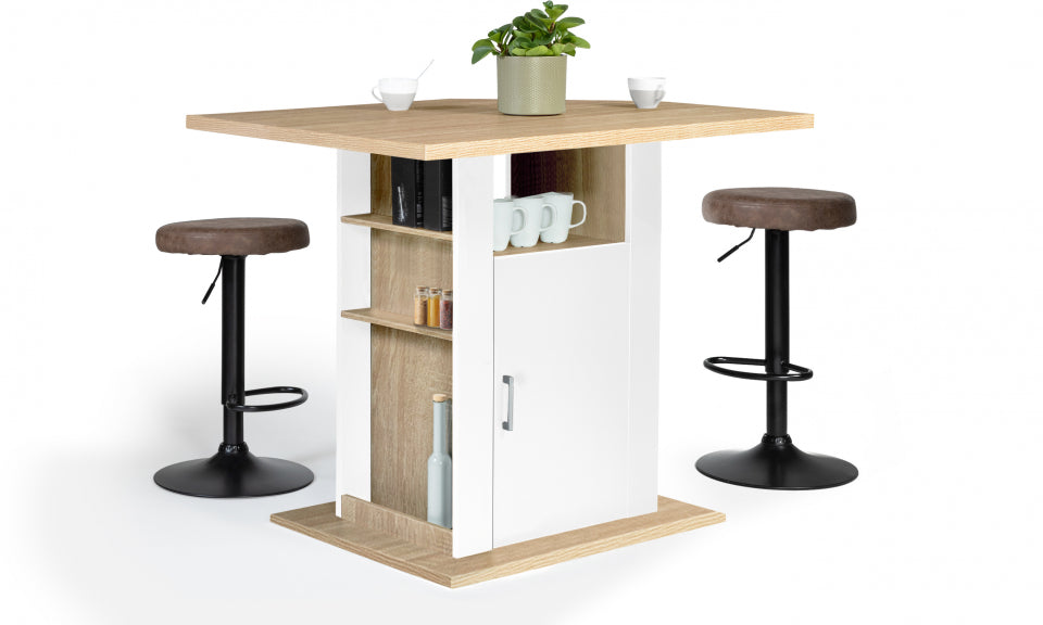 Ilot central de cuisine Théo L110cm bois et blanc avec rangements