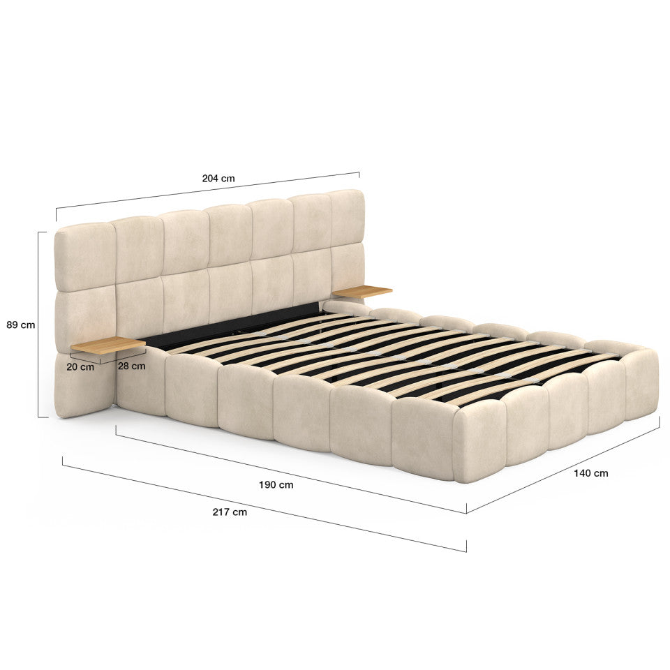 Lit coffre Bubble 140x190cm velours beige chevets intégrés