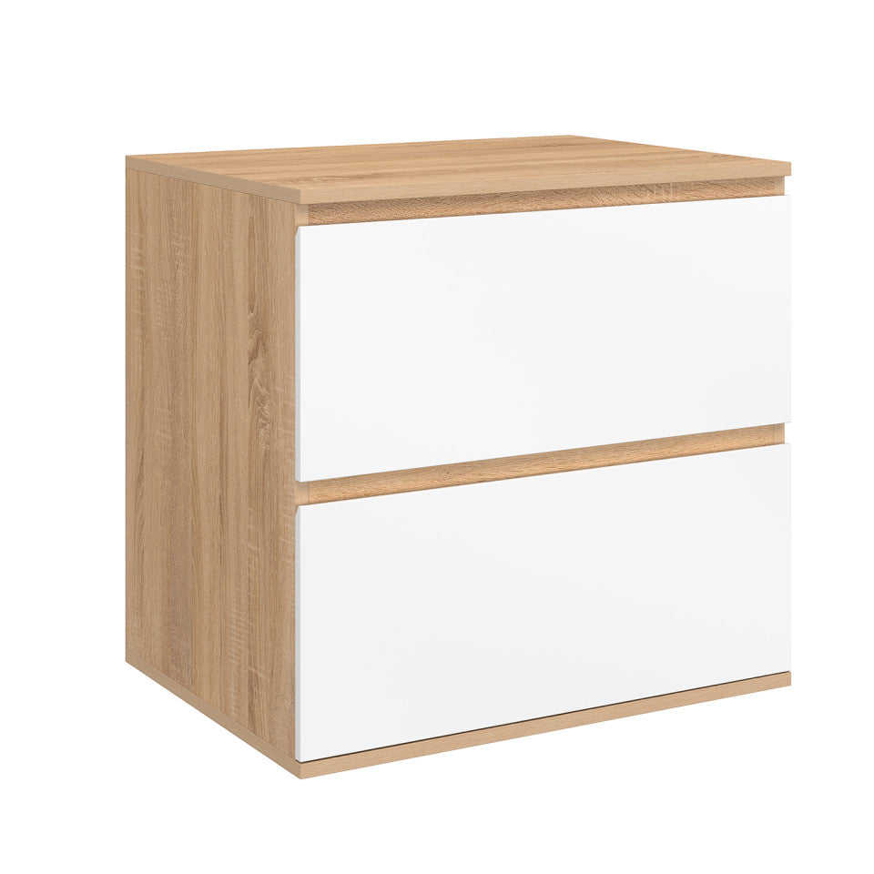 Meuble sous vasque suspendu Tom 2 tiroirs blanc et effet hêtre L60cm