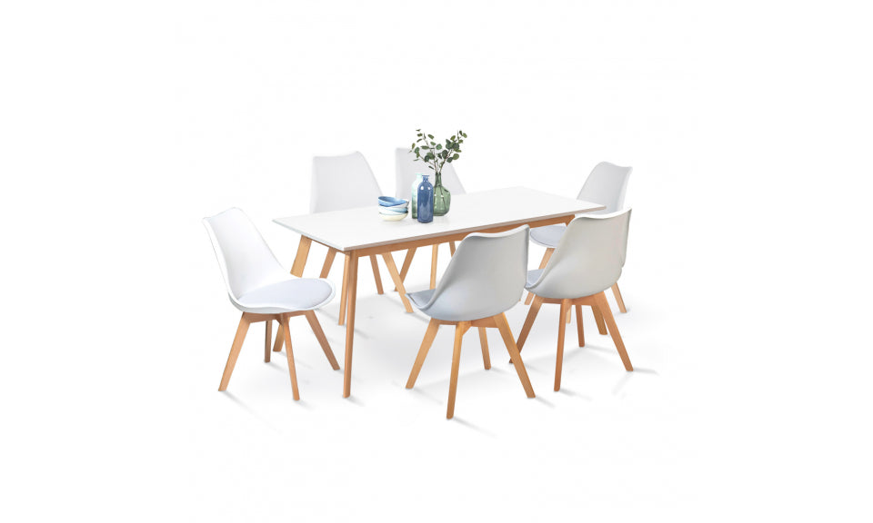 Table repas scandinave extensible 160-200cm plateau blanc et pieds bois