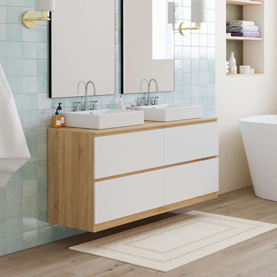 Meuble sous vasque suspendu Tom 4 tiroirs blanc et effet hêtre L120cm