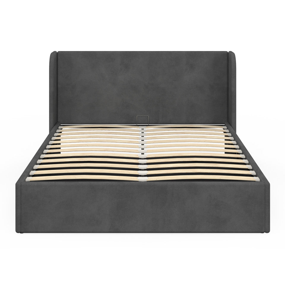 Lit coffre Lucia en velours gris avec sommier et tête de lit 140x190cm