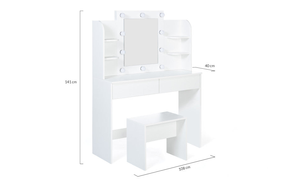 Coiffeuse Zita blanche double étagères, miroir LED et tabouret