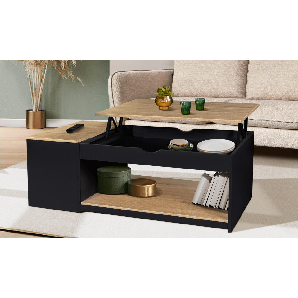 Table basse Elina avec plateau relevable et coffre latéral noir et bois L110cm