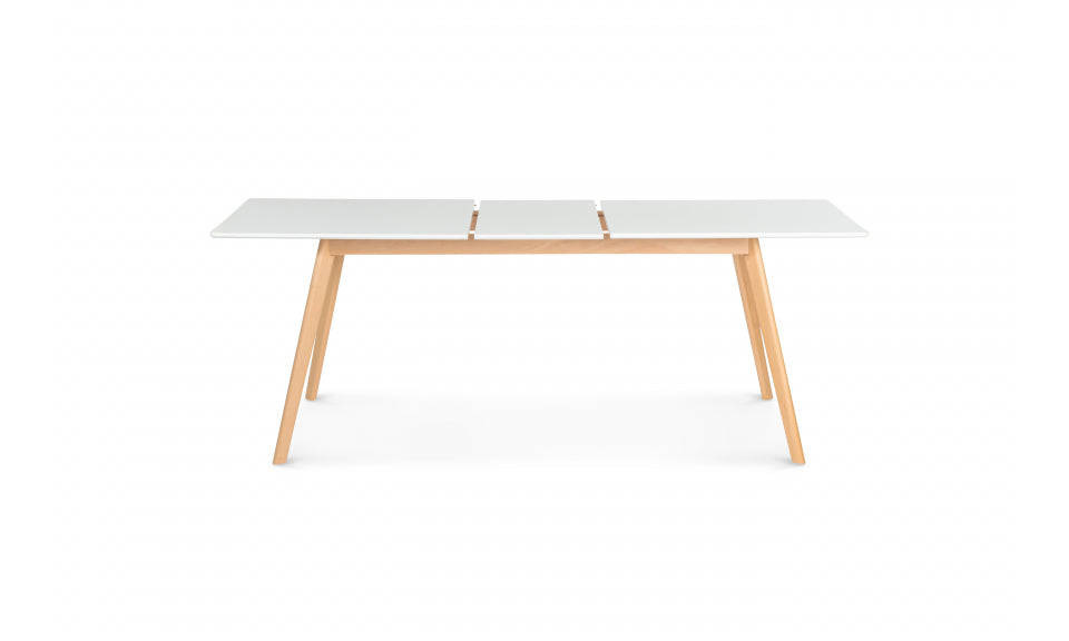 Table repas scandinave extensible 160-200cm plateau blanc et pieds bois