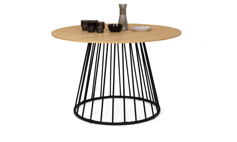 Table repas Adelle plateau rond bois 120cm et pied filaire noir