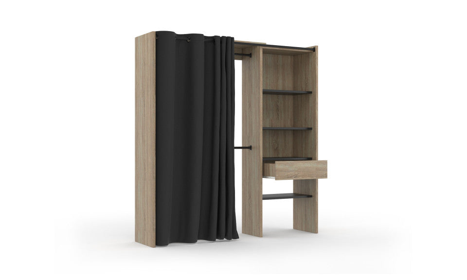 Dressing extensible bois avec colonne et penderie avec rideau noir 120-170x180cm