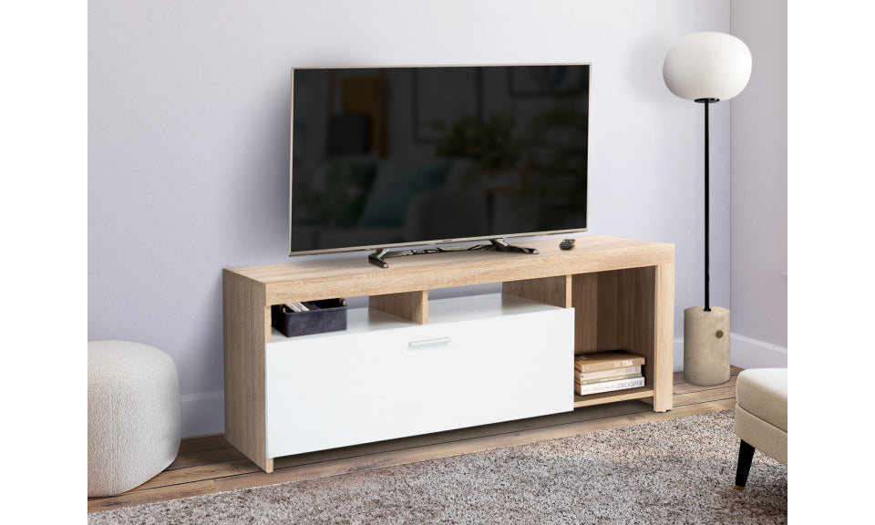 Meuble TV Maryse bois et blanc rangements multiples L110cm