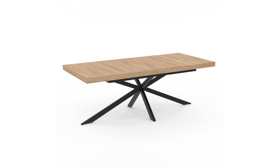 Table repas extensible Memphis 200-240cm plateau bois avec rangement intégré et pieds croisés noirs