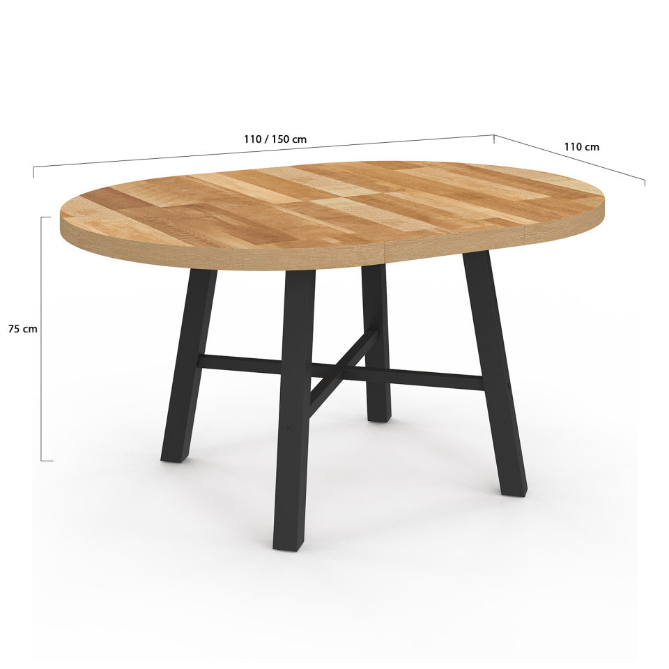 Table repas Mathilde plateau extensible 110-150cm bois et pieds noirs