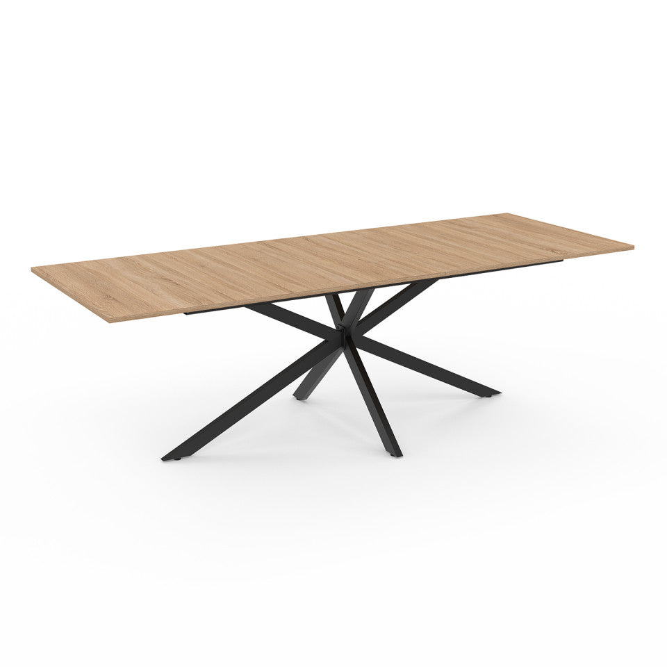 Table repas Spider plateau extensible 200-240cm bois avec rangement intégré et pieds croisés noirs