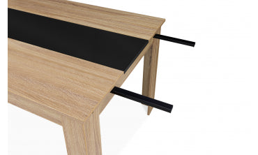 Table repas contemporaine extensible Gloria 140-220cm plateau naturel et chemin de table noir