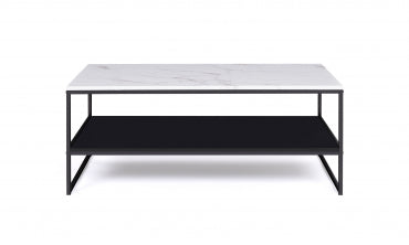 Table basse Glam double plateau effet marbre blanc et structure noire L113cm