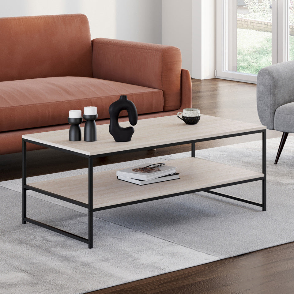 Table basse Memphis double plateau effet travertin 113cm