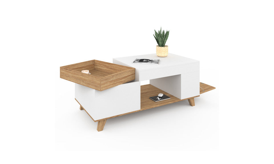 Table basse Stella avec plateau relevable et double coffre bois et blanc