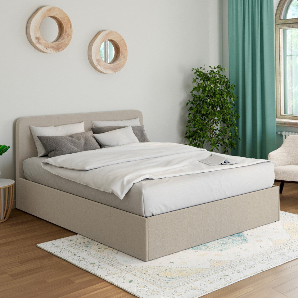 Lit coffre Louise en tissu beige avec sommier et tête de lit arrondie 140x190cm