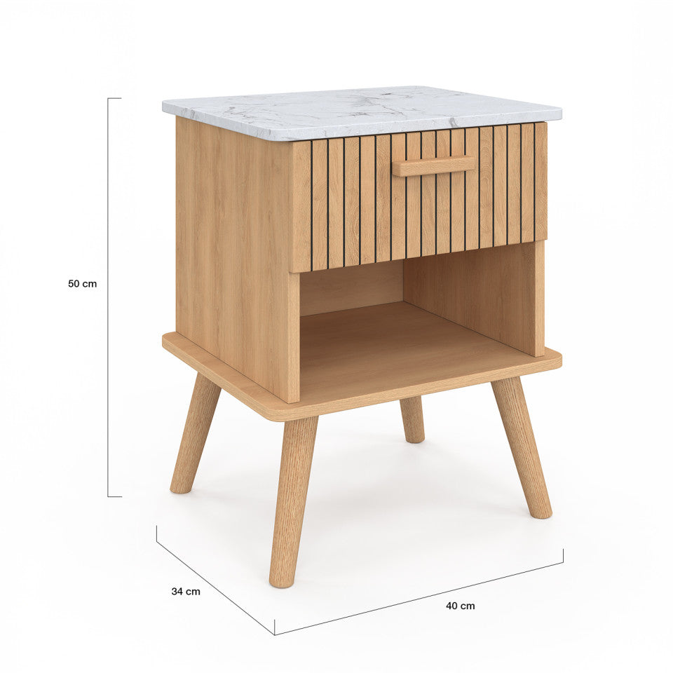 Tables de chevet Marceau effet lattes et dessus marbre 1 tiroir - lot de 2