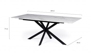 Table repas extensible Glam 160-200cm plateau effet marbre blanc et pieds croisés noirs