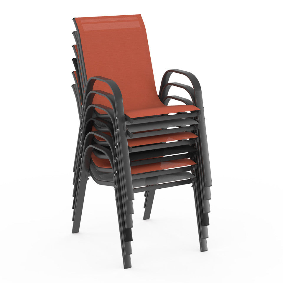 Ensemble repas Minorca 8 places en textilène et verre trempé gris, noir et terracotta 190 cm