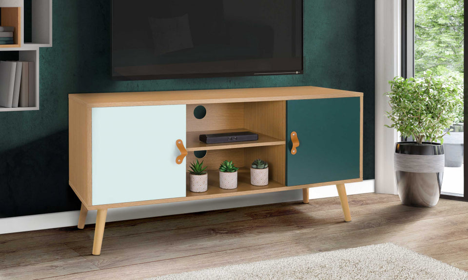 Meuble TV Aria 2 portes vert clair et foncé L113cm