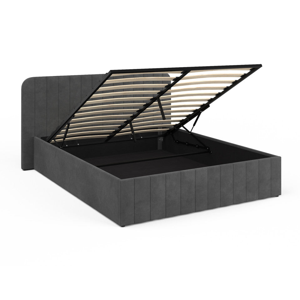 Lit coffre Valentina en velours beige avec sommier et tête de lit 140x190cm
