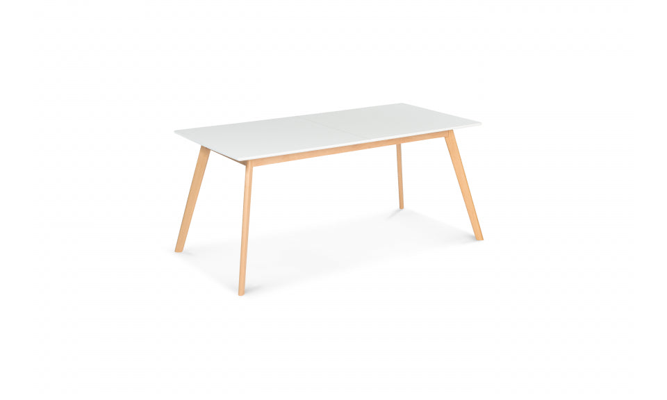 Table repas scandinave extensible 160-200cm plateau blanc et pieds bois