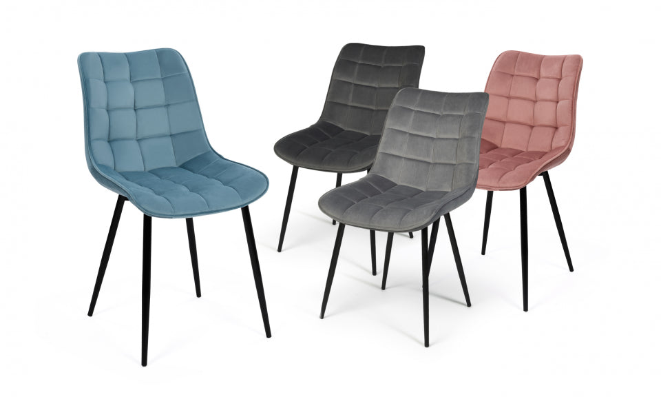 Chaises Melinda en velours mix de couleurs : 1x bleu pastel, 1x gris clair, 1x gris foncé et 1x vieux rose - lot de 4