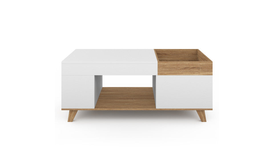 Table basse Stella avec plateau relevable et double coffre bois et blanc