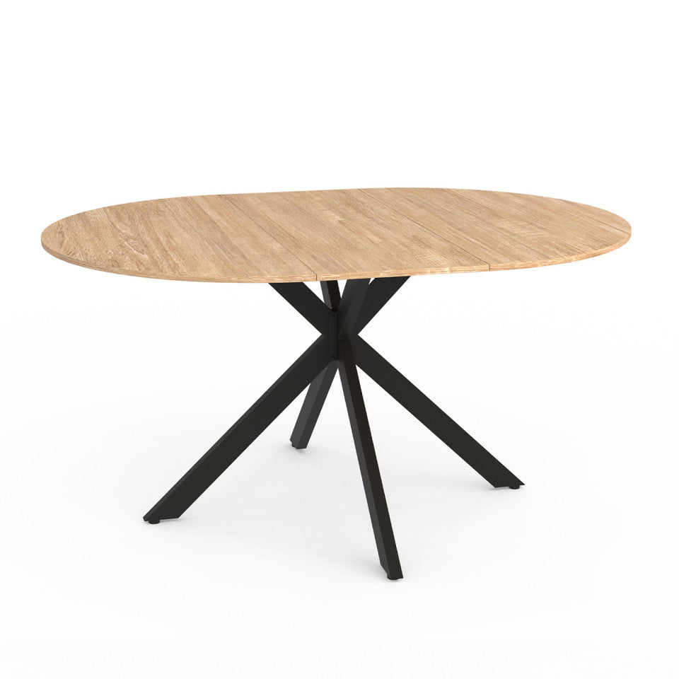 Table repas extensible Soline 110-150cm plateau rond bois pieds croisés noirs
