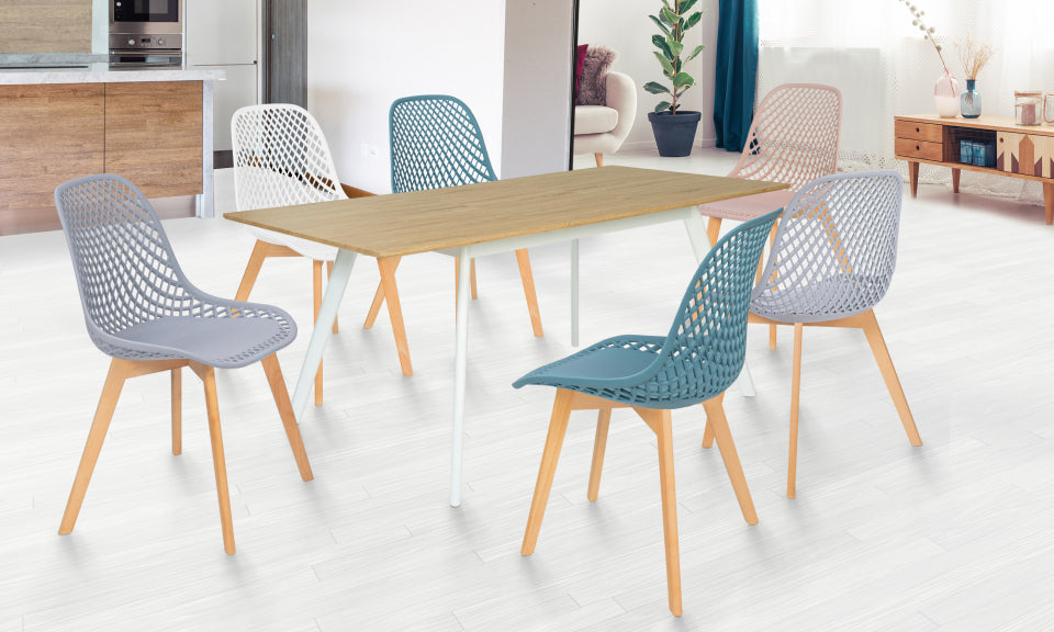 Chaises Maëlle assise ajourée mix de couleurs : 1x blanc, 1x rose, 2x gris Clair et 2x bleu Pastel - lot de 6