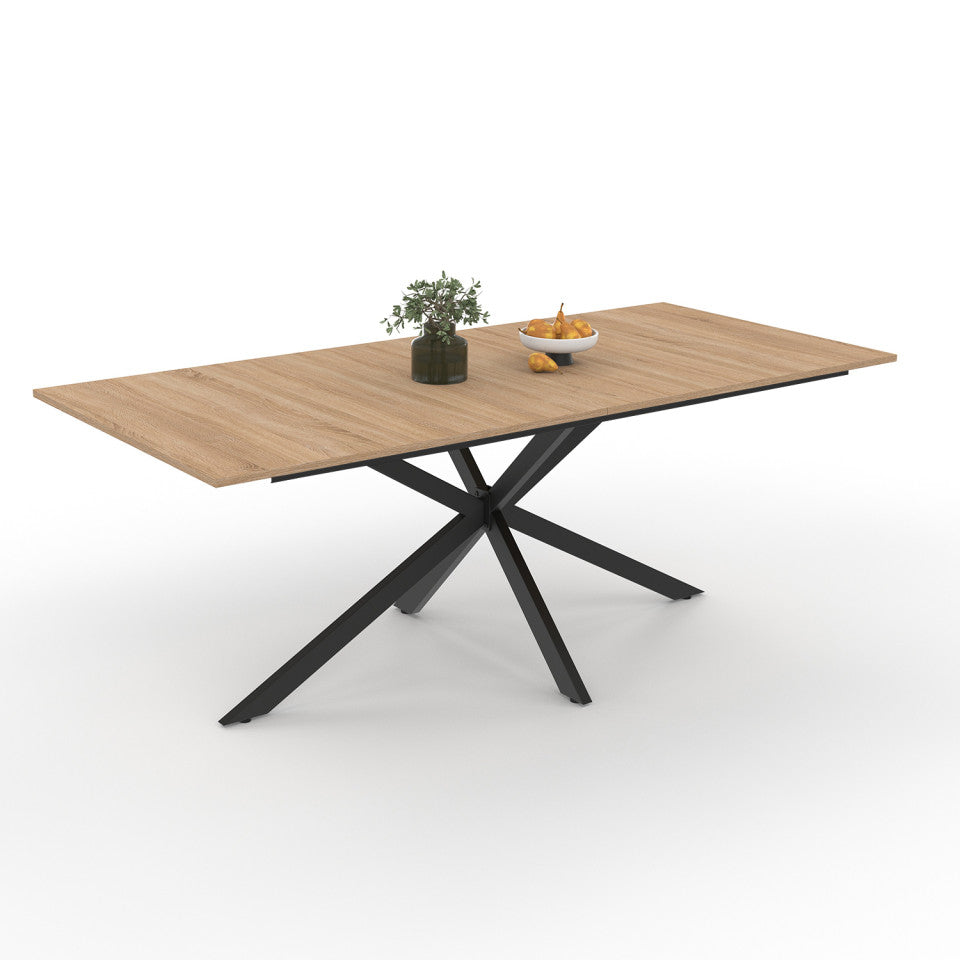 Table repas Spider plateau extensible 200-240cm bois avec rangement intégré et pieds croisés noirs