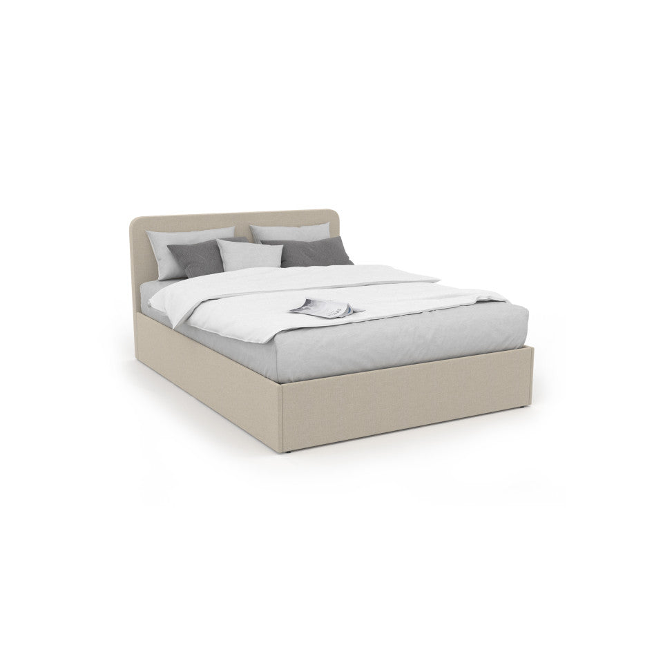Lit coffre Louise en tissu beige avec sommier et tête de lit arrondie 160x200cm