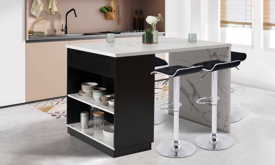 Ilot central de cuisine Marius L130cm effet marbre et noir avec rangements