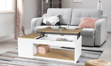 Table basse Elina avec plateau relevable et coffre latéral blanc et bois L110cm