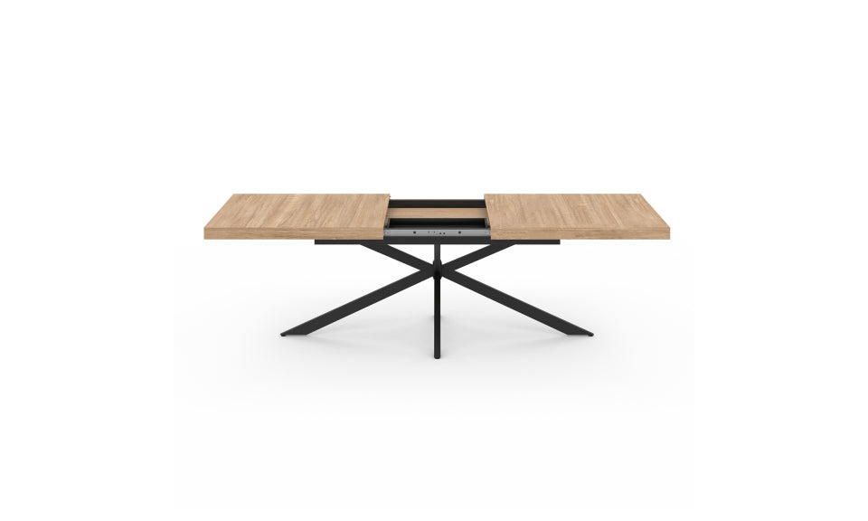 Table repas extensible Memphis 200-240cm plateau bois avec rangement intégré et pieds croisés noirs