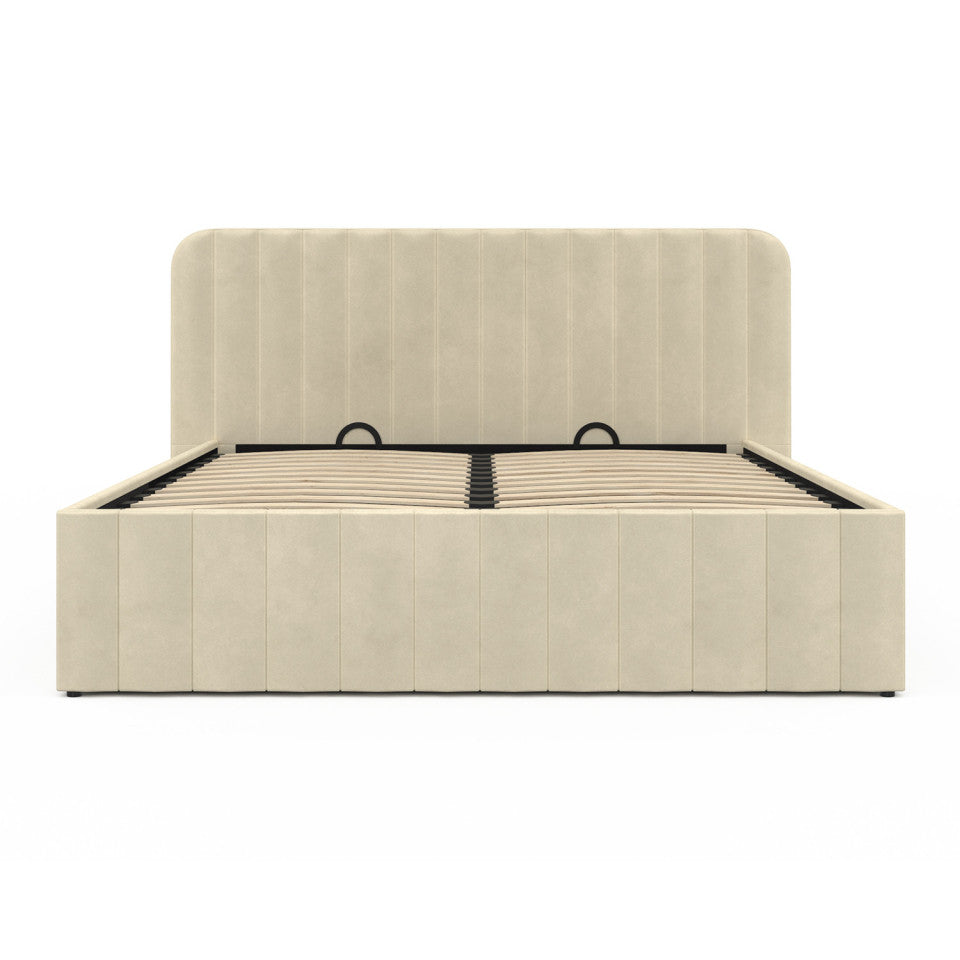Lit coffre Valentina en velours beige avec sommier et tête de lit 160x200cm