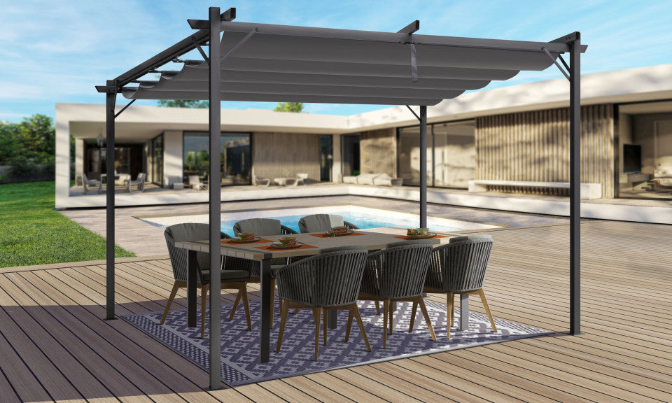 Pergola Marina 3x4m toit rétractable avec 4 stores intégrés gris