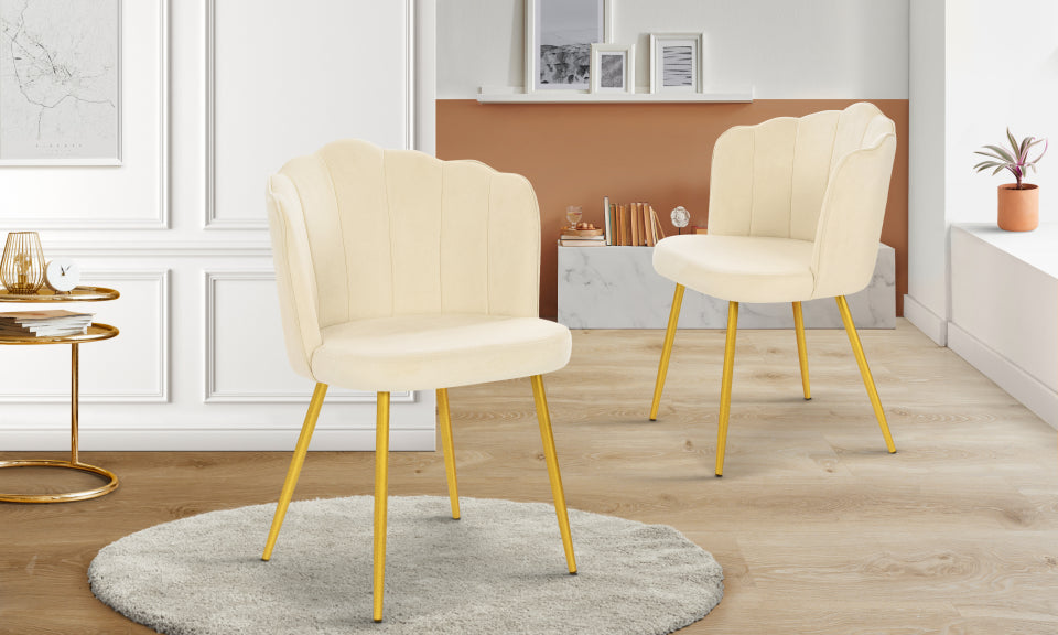 Chaises Arielle en velours crème et pieds dorés - lot de 2