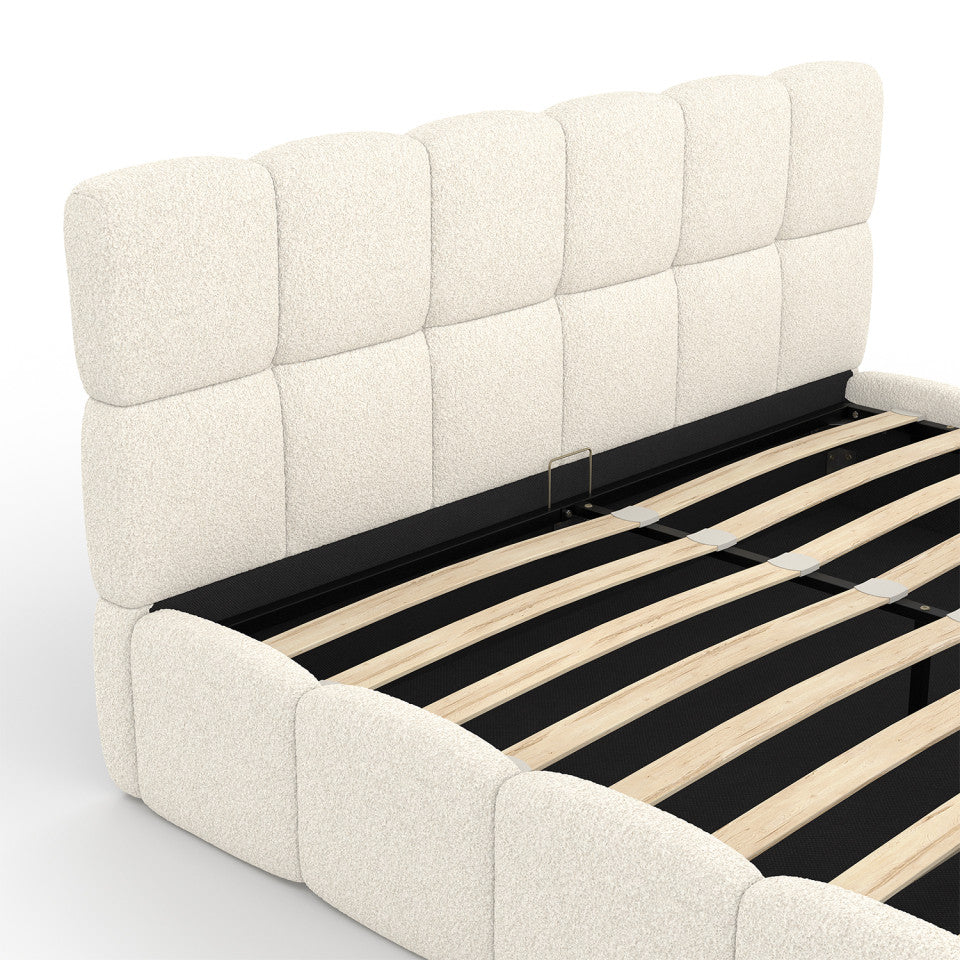 Lit coffre Bubble en tissu bouclette avec sommier et tête de lit 160x200cm
