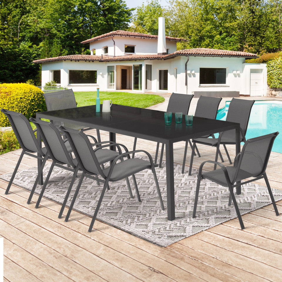 Ensemble de jardin Minorca 8 places en textiléne et verre trempé gris anthracite