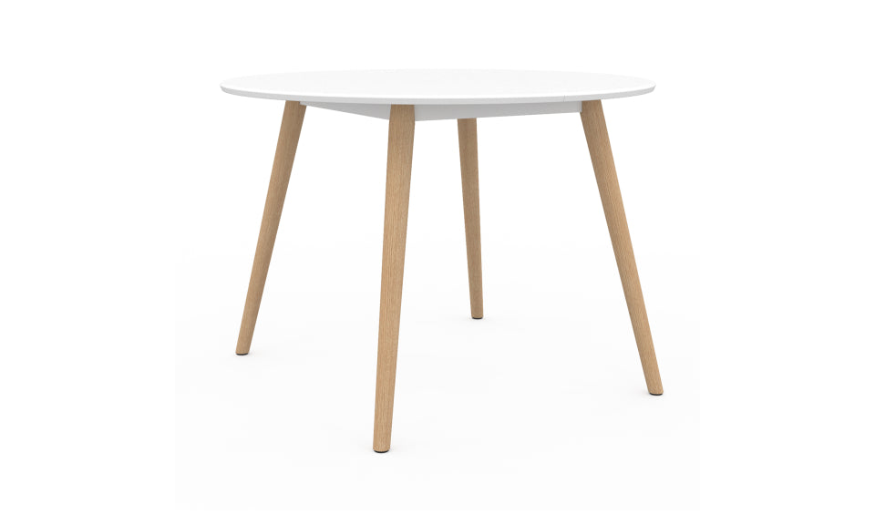 Table repas Stacy 110cm plateau rond blanc et pieds bois