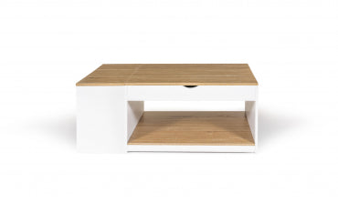 Table basse Elina avec plateau relevable et coffre latéral blanc et bois L110cm