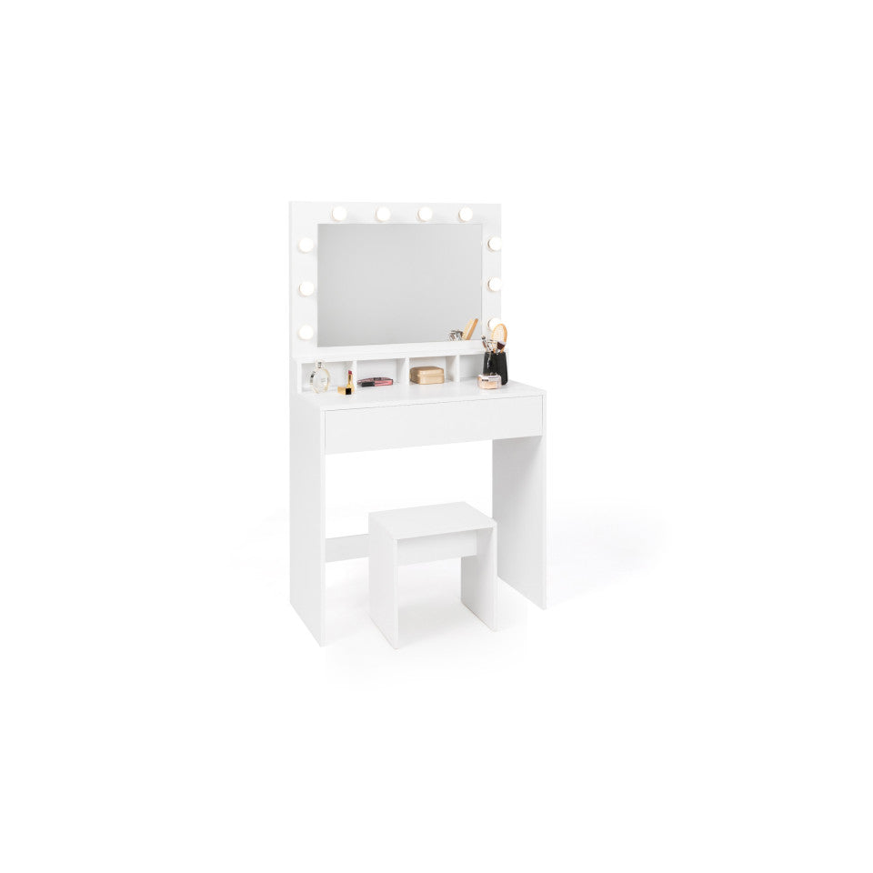 Coiffeuse Zita blanche avec miroir LED, 4 niches, 1 tiroir et 1 tabouret