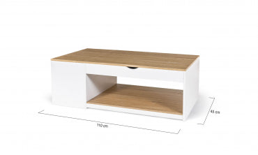 Table basse Elina avec plateau relevable et coffre latéral blanc et bois L110cm