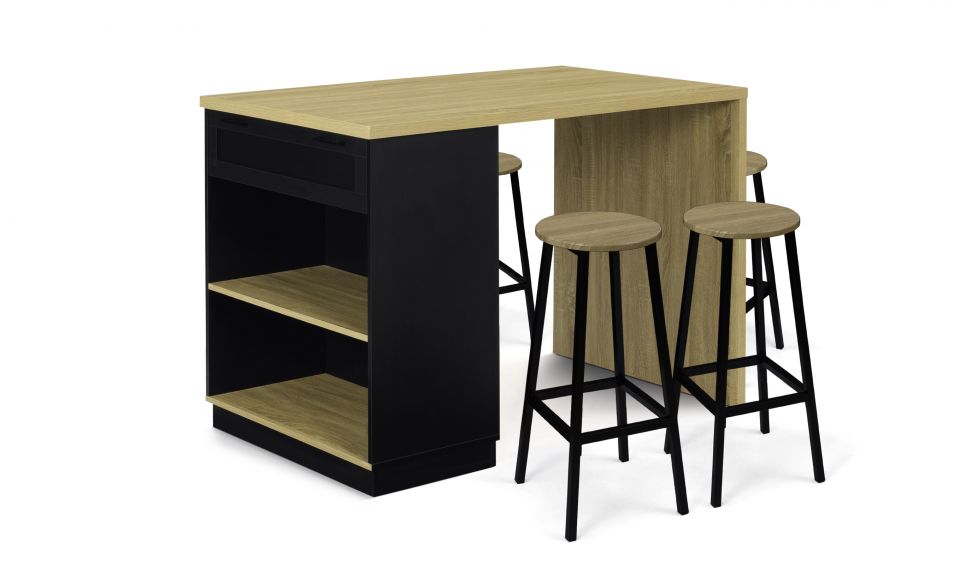 Ilot central de cuisine Marius L130cm bois et noir avec rangements